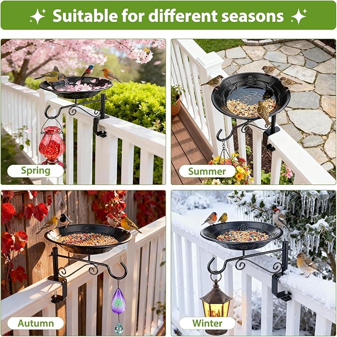 Balcony Bird Feeder, BOLITE Hanging Bird Bath Outdoors Deck Mounted with Garden Decorative Hook for Hanging Planters, Lanterns, Wind Chimes, Gifts for Women Men