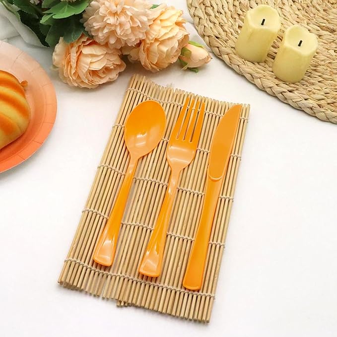 300 Pcs Orange Plastic Silverware, Orange Plastic Cutlery Includes 100 Forks, 100 Spoons, 100 Knives for Birthday, Autumn Party, Halloween, Thanksgiving Day