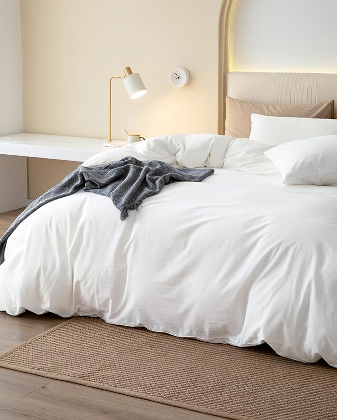 JIYUAN 100% Washed Cotton Duvet Cover Set 3 Pieces Queen, 1 Duvet Cover 90x90 Inches(Comforter Not Included) and 2 Pillowcases,Linen Feel Bedding Set Comfy and Breathable,Bright White