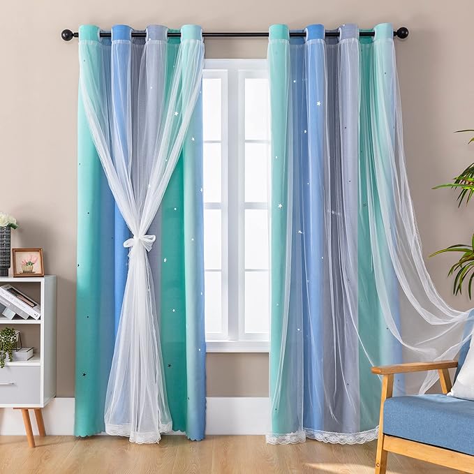 XiDi Curtains for Bedroom Decor, Rainbow BluGrenGrey-34-96