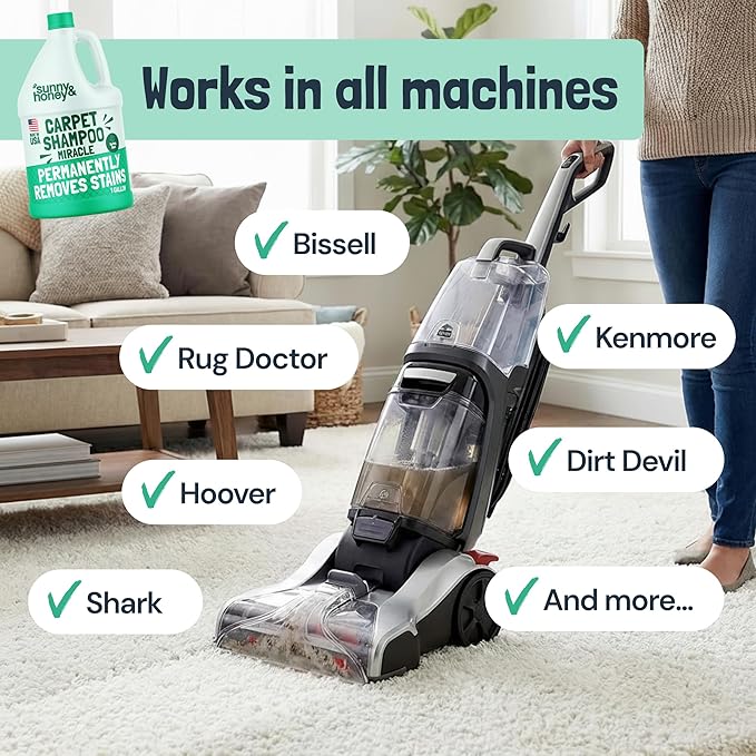Sunny & Honey Carpet Cleaner Solution - Carpet Shampoo & Pet Stain Remover for Upholstery & Rugs - Works With Steam Cleaners (128 fl oz, Spring Mint Scent)