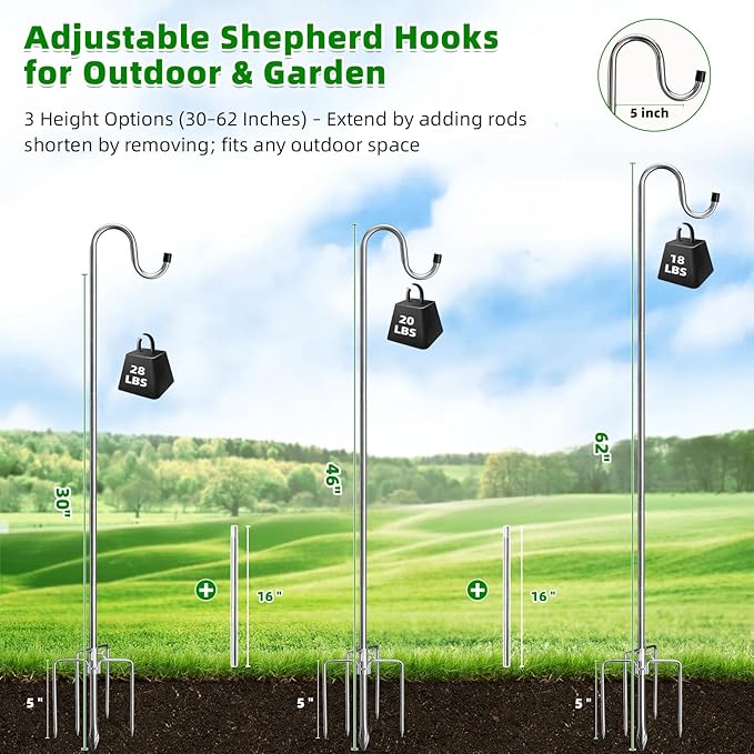 COCONUT Shepherds Hook, 62 Inches Shepherds Hook with 5 Prongs Base Stainless Steel Adjustable Garden Hanging Holder for Bird Feeders Lanterns Planting Hanger Weddings Decor, Silver
