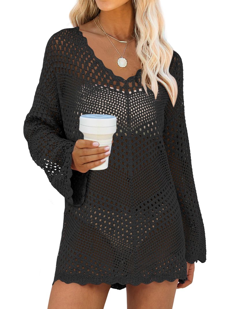 ANRABESS Swimsuit Cover Up for Women Crochet Bathing Suit Summer Swimwear V Neck Mesh Knit Dress 2026 Beach Vacation Clothes Black Small