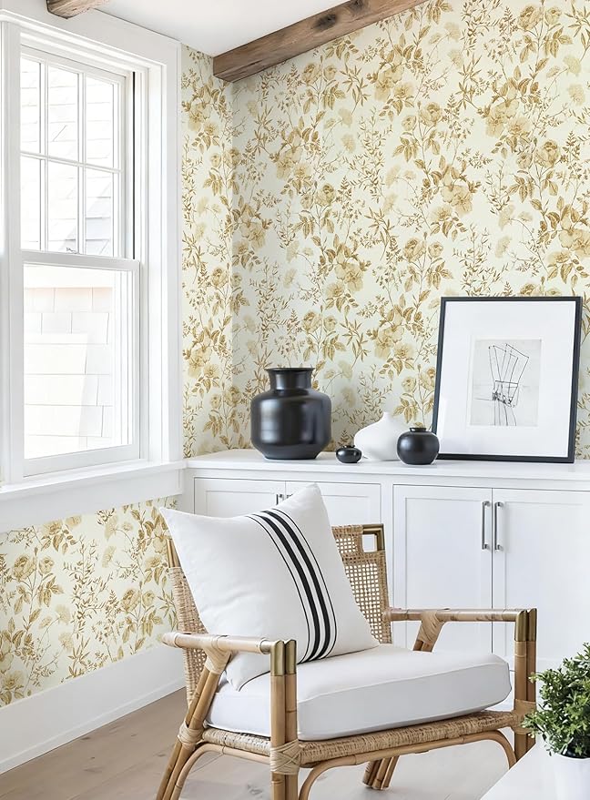 Erfoni 16.9" x118" Boho Floral Peel and Stick Wallpaper Yellow Brown Flower