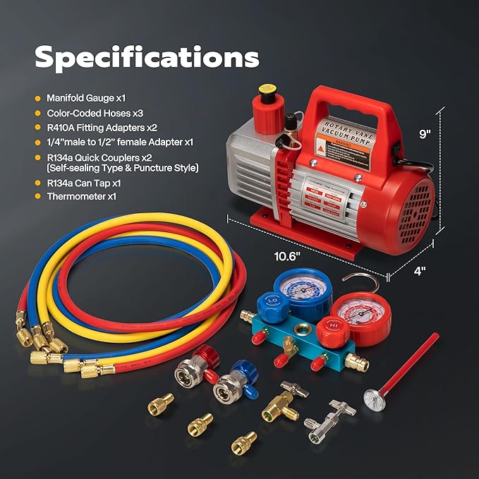 VIVOHOME 110V 1/4 HP 3.5CFM Single Stage Rotary Vane Air Vacuum Pump and AC Manifold Gauge Set Kit with Thermometer for R134a R12 R22 R502 R410a HVAC Air Conditioning Refrigeration Recharging Red