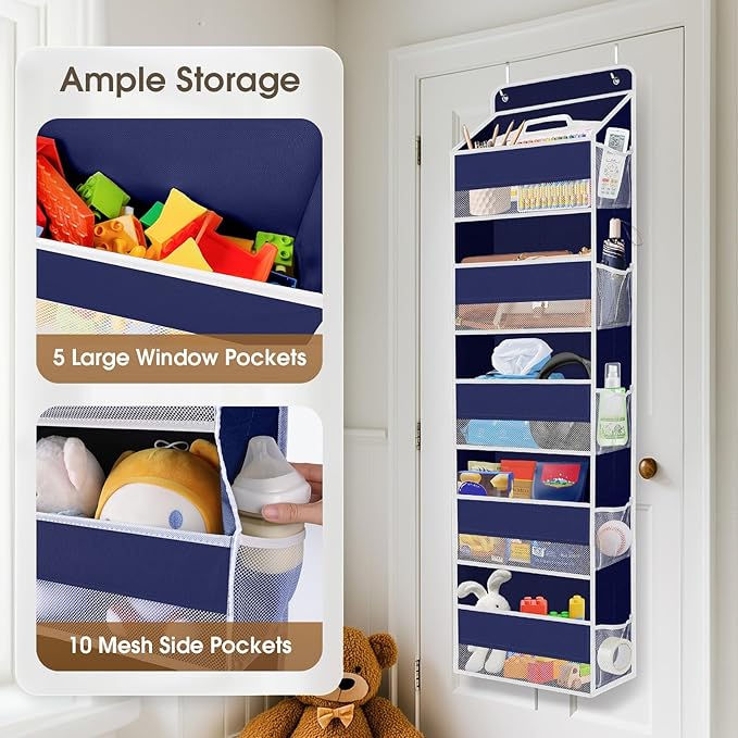 2 Pack Over The Door Organizer, Hanging Storage Organizer with Clear Window, 40lb Ultra Sturdy Large Capacity Room Organizer for Pantry Laundry Bathroom Nursery Closet (Grey)