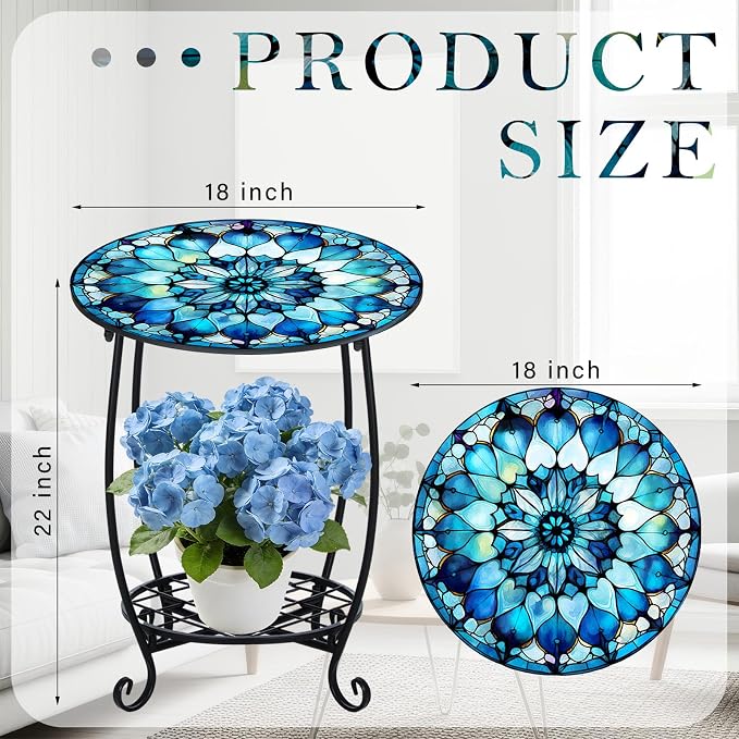 Cinnvoice Outdoor Side Table Round Small Mosaic Patio Accent Indoor End Plant Coffee Tea Table for Yard Patio Porch Garden Living Room, Bedroom(Mandala Style,18 Inch)