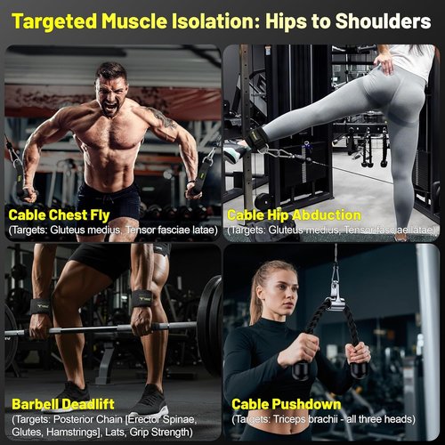 Cable Attachments for Gym, LAT Pulldown & Cable Machine Attachment Set: V-Shaped Bar, Rotating Straight Bar, V Rotation Handle, Nylon Tricep Rope, Ankle Straps & Handles, Home Gym
