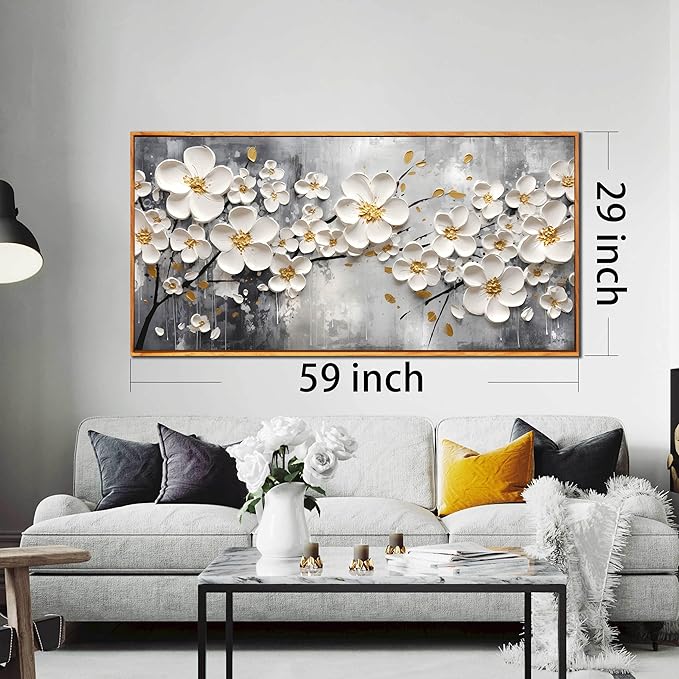 White Flower Art for Walls In Living Room - Office Wall Decor for Women - Wooden Framed Wall Art for Bedroom Size 29" x 59"