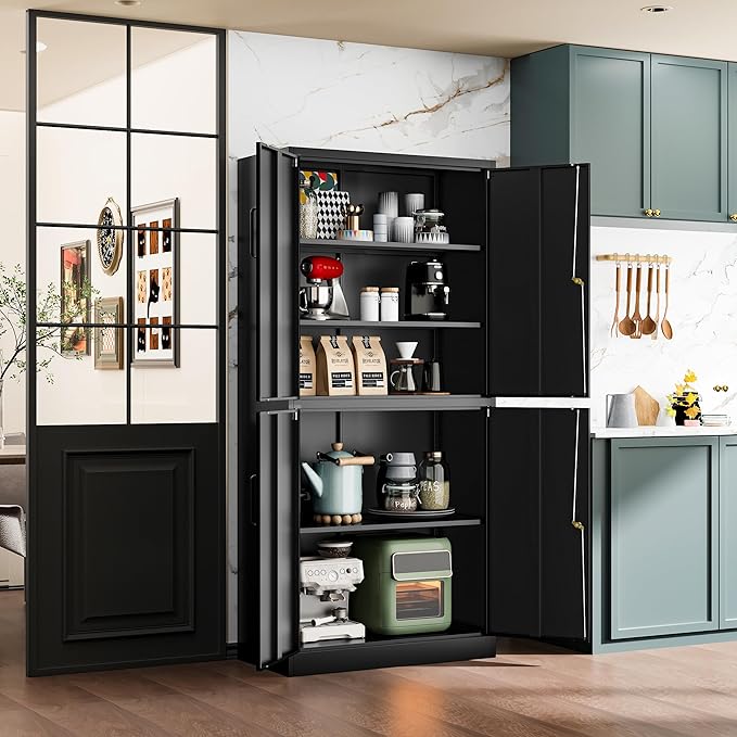 71” Metal Storage Cabinet-Lockable File Garage Tool Cabinets with Doors and Shelves-Tall Black Steel Cabinet for Garage-Heavy Duty File Storage for Office, Gym, School