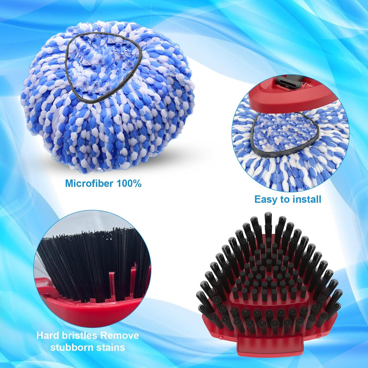 2 Pack Spin Mop Heads Replacement Compatible with O Cedar RinseClean 2 Tank, Upgraded Scrub Brush,4 Section Mop Handle and 1 Base Combo Set, Microfiber Replace Head Refill