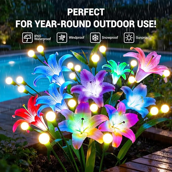 WdtPro Upgraded Solar Lights Outdoor Garden Decor: 4 Pack Solar Firefly Swaying Light with Color Changing LED Lily, Waterproof Decorative Flowers for Yard Patio Pathway Lawn, Gardening Gifts for Women
