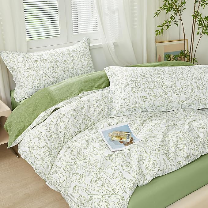 SAPHREAS Green Drawing Floral Duvet Cover Set Full Size 3pcs Botanical Blossom Bedding Comforter Cover Set 100% Cotton 1 Duvet Cover 90"x80" 2 Pillow Shams, Comforter Not Included