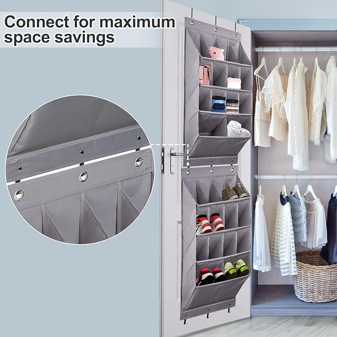 FENTEC 2 Pack Over the Door Shoe Organizer, Hanging Shoe Organizer Rack,24 Large Pockets and 4 Larger Storage Various Compartments with 6 Hooks, Home Accessories, Grey