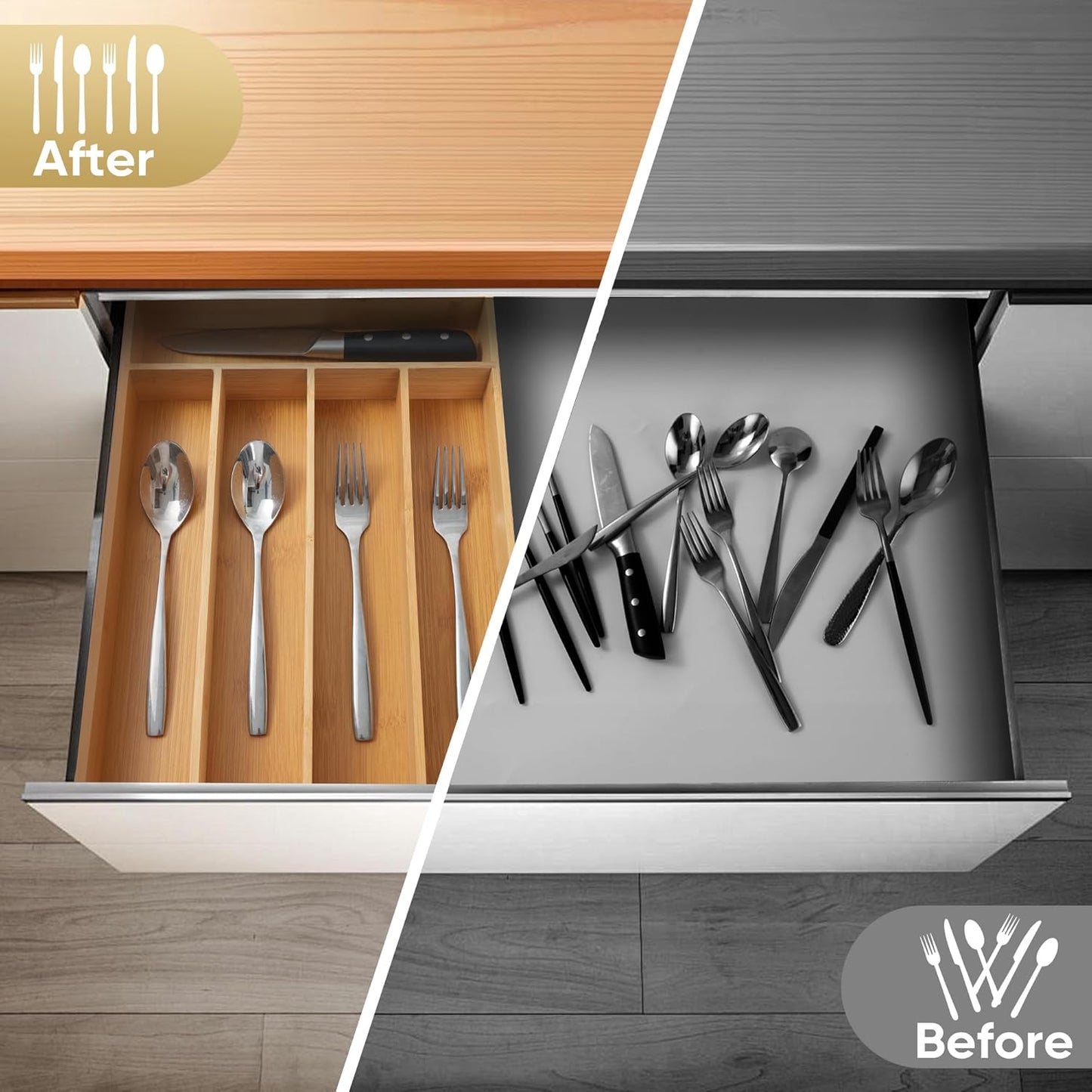 Silverware Organizer, 2 Pack 10 Inch Utensil Organizer Kitchen Drawer Organizer Bamboo Silverware Holder Cutlery Tray Organizer in Drawer Flatware Organizer Tray(5 slots, Natural）