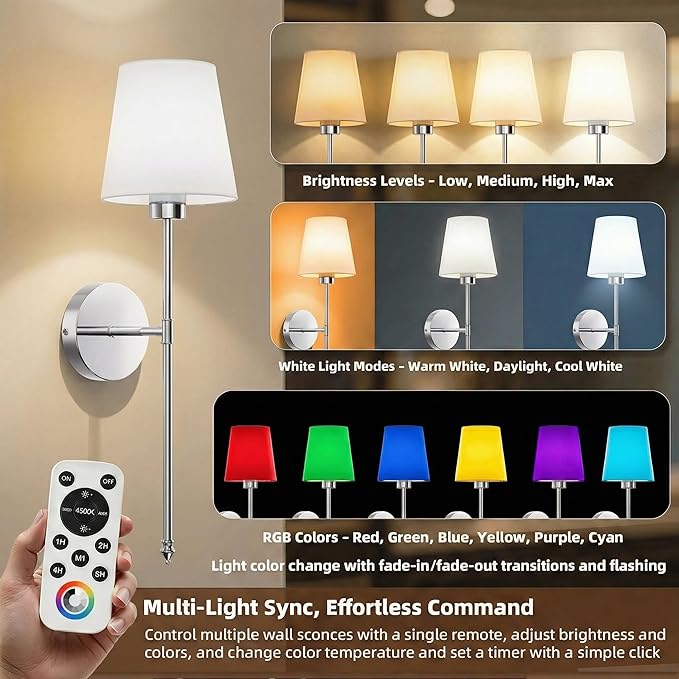 IRONPAX Wall Sconces Battery Operated Set of 2, Wireless Rechargeable Wall