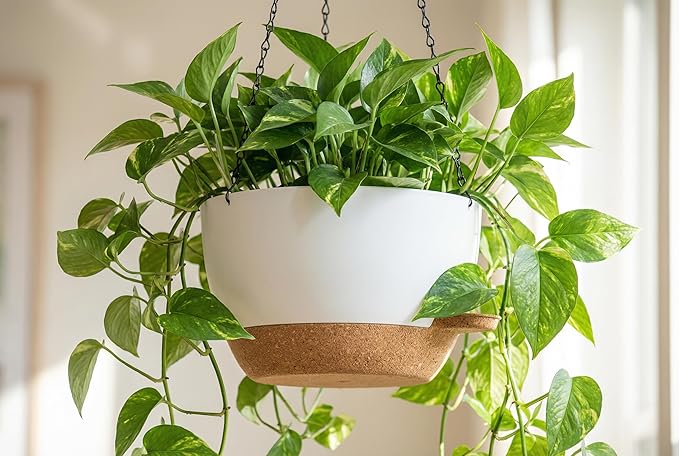 Hanging Planters, 3-Pack 10 Inch Self-Watering Pots with Drainage Holes and Chains, Matte Plastic Planters for Indoor/Outdoor Plant（White Brown）