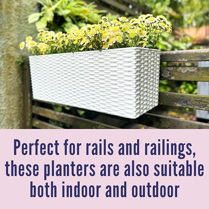 LaLaGreen Deck Railing Planter Box (20 Inch, 4 Pack) White Rectangular Window Flower Boxes with Bracket, Self Watering System Hanging Planter Box for Outdoor Plant Container Herb Rail Fence Balcony