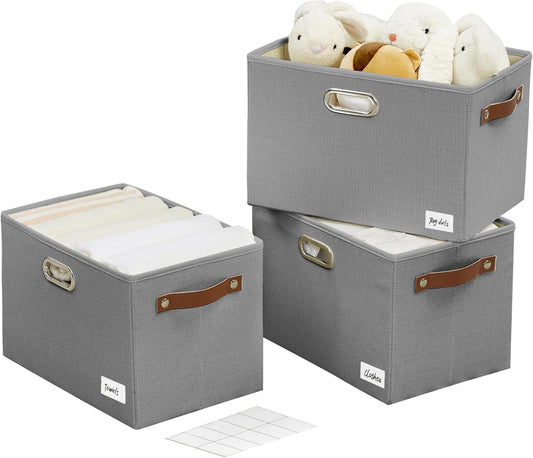 Large 3-Pack Foldable Fabric Storage Bins with Durable PU & Metal Handles, Collapsible Storage Baskets for Shelves, Home Storage, Closet Organizers, Living Room(14.9"x9.8"x9.8", Grey)