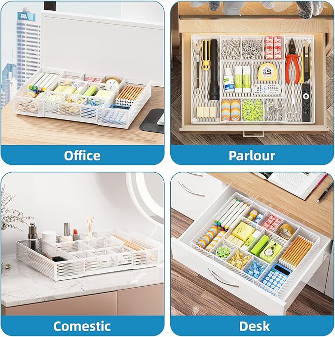 Marbrasse Expandable Desk Drawer Organizer, Mesh Drawer Organizer Tray with 10 Adjustable Compartments, Desk Organizers and Accessories, 5 Dividers Drawer for Office Supplies, Makeup & Vanity (White)