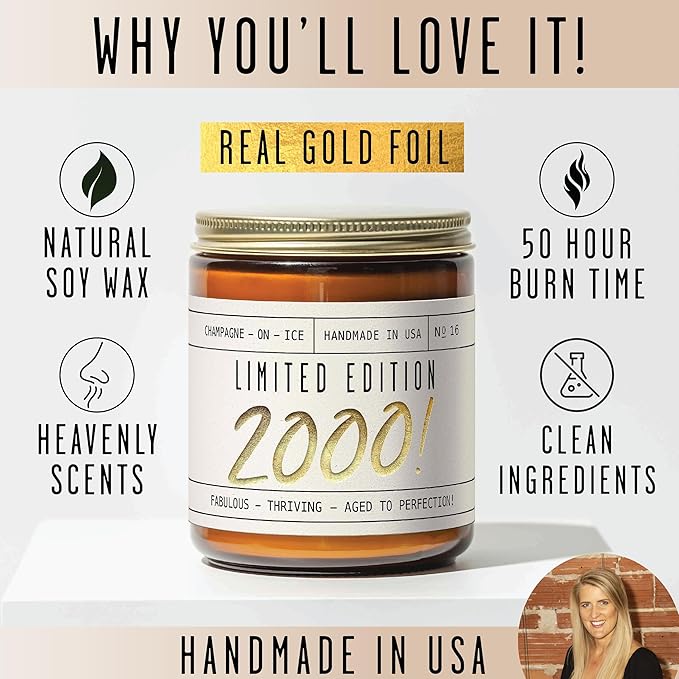25th Birthday Gifts for Women - 'Limited Edition 2000' Soy Candle, w/Champagne on Ice I 25 Birthday Gifts for Women I 25th Gift for Her Ideas I 9oz Reusable Jar, 50Hr Burn, Made in USA