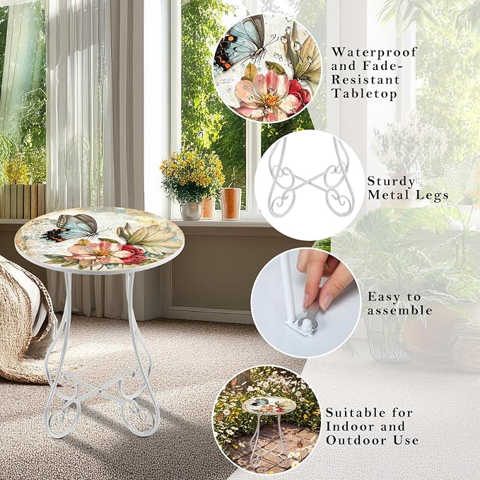 Cinnvoice 14 Inch Outdoor Side Table Round Small Patio Accent Weather Resistant Metal Elegant Indoor End Plant Coffee Tea Table for Yard Patio Outdoor Porch Garden Living Room(Watercolor Butterfly)