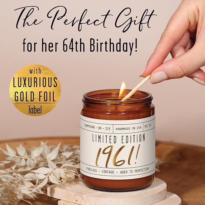 64th Birthday Gifts for Women - 'Limited Edition 1961' Soy Candle, w/Champagne on Ice I 64 Birthday Gifts for Women I 64th Gift for Her Ideas I 9oz Reusable Jar, 50Hr Burn, Made in USA