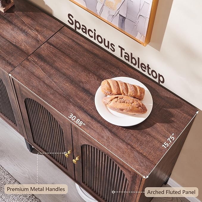 Modern Buffet Cabinet with Storage, 123.5" W Fluted Arched Sideboard Cabinet w/Adjustable Shelves, Wooden Modular Coffee Bar for Dining Room, Kitchen, Living Room, Entryway, Brown