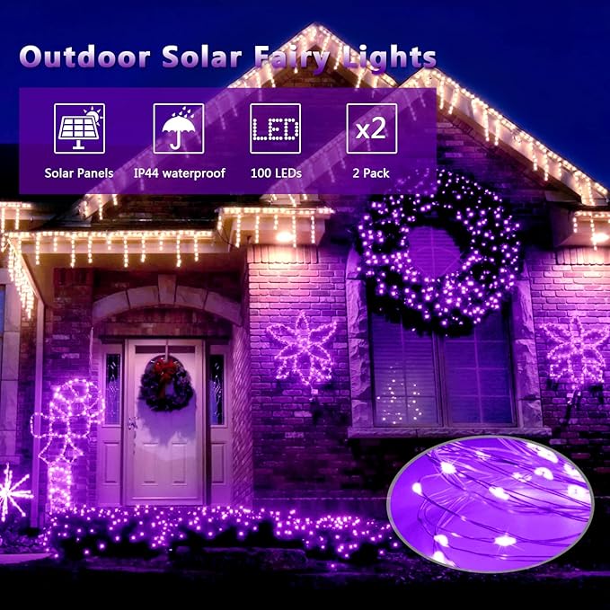 JMEXSUSS 4 Pack Purple Solar String Lights Outdoor Waterproof, 100 LED 33ft Purple Solar Fairy Lights, 8 Modes Copper Wire Christmas Light for Halloween Christmas Garden Yard Tree Decor