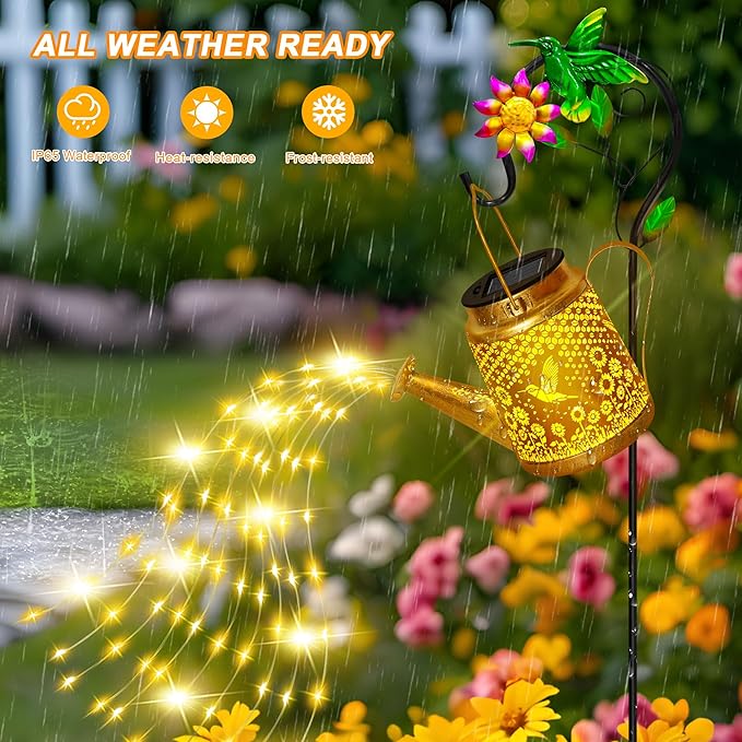 Hummingbird Solar Watering Can Lights, Outdoor Waterproof Garden Lanterns with Shepherd Hook, Solar Garden Decor for Yard Outdoor Landscape Pathway Porch Patio, Gift for Women Mom Grandma, 2 Pack