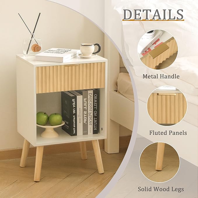 Nightstand, Modern Bedside Table with Drawer and Open Shelf, Fluted Night Stand with Solid Wood Legs for Bedroom, Living Room, Office (White Oak)