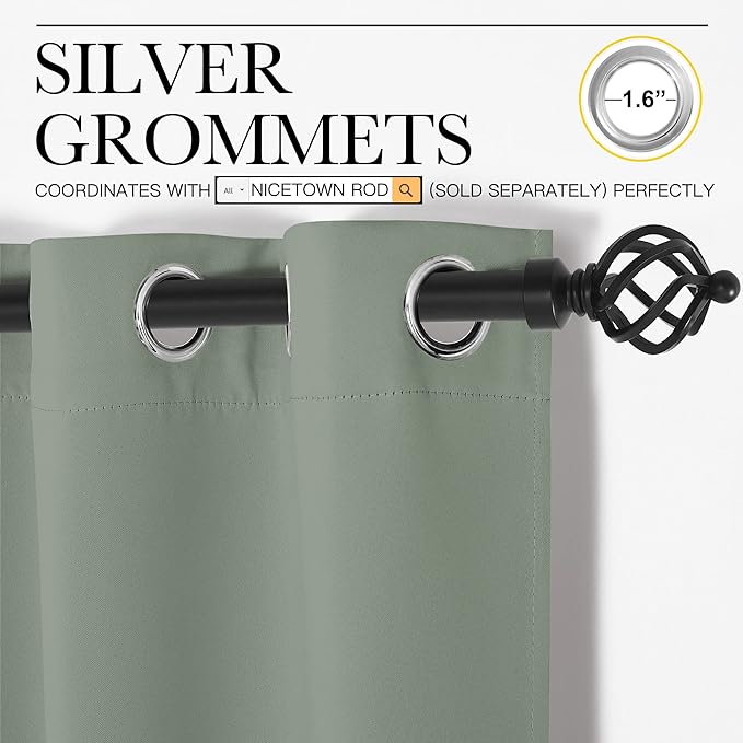 NICETOWN 84 inches Blackout Curtains for Office and Theater, Thermal Insulated Solid Grommet Drapes for Living Room (Greyish Green, 1 Pair, 42 inches Wide)
