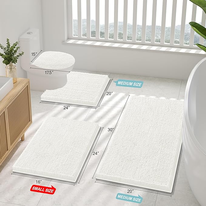 Smiry Luxury Chenille Bathroom Rugs 59x35, Extra Soft and Absorbent Shaggy Bath Mat, Machine Washable, Non-Slip Plush Carpet Runner for Tub, Shower, and Floor, Home Decor Accessories, Ivory