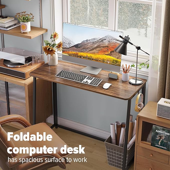 WOHOMO Folding Desk, Small Writing Desk 39.4", Space-Saving Foldable Laptop Table Writing Workstation for Home Office, Easy Assembly, Rustic Walnut