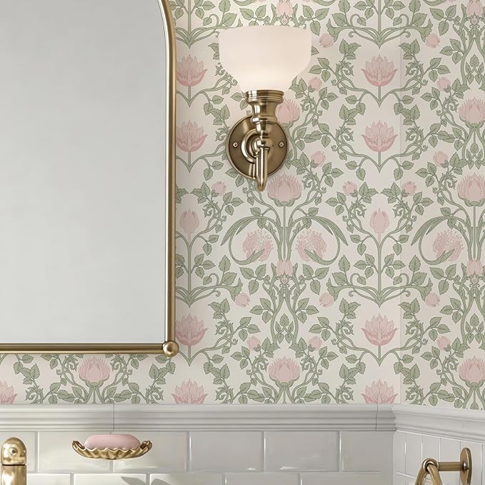 YXTII 590.5" × 17.3" Floral Wallpaper Peel and Stick Pink and Green Wallpaper