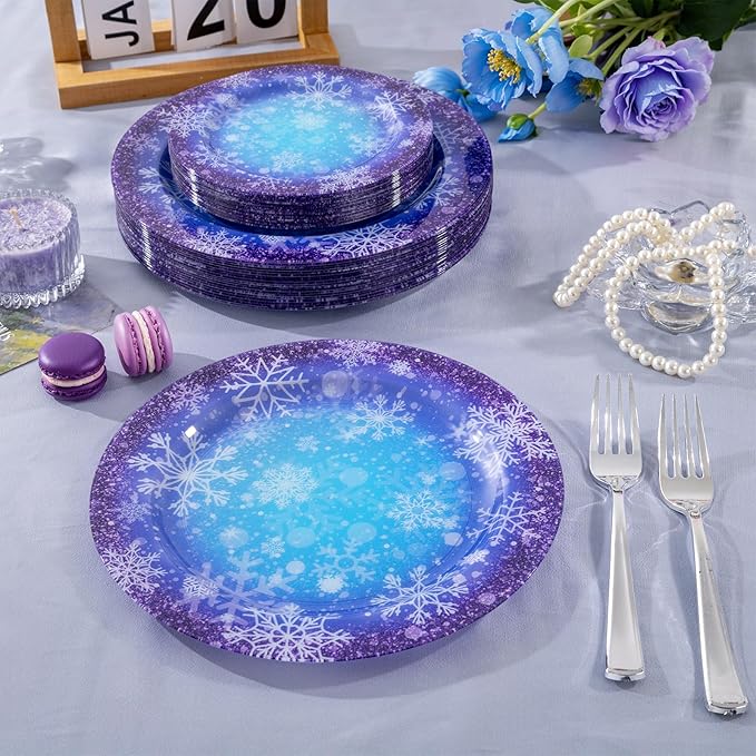 WELLIFE 20PCS Frozen Plastic Plates – Snowflake Dinner & Dessert Plates (10×9.2" + 10×6.3"), Winter Wonderland Party Plates for Girls Birthday, Christmas & Frozen Theme Decorations