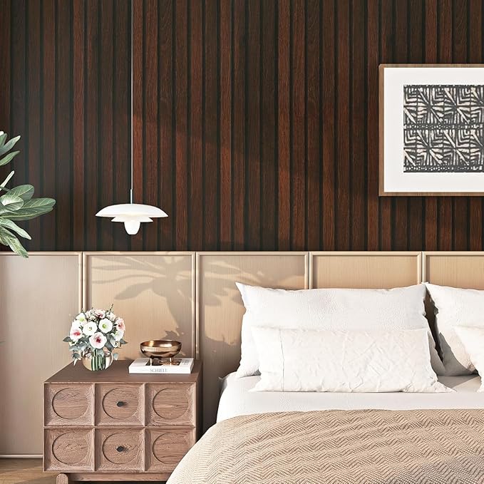 FunStick 16"x472" Brown Wood Slats Peel and Stick Wallpaper Waterproof Dark