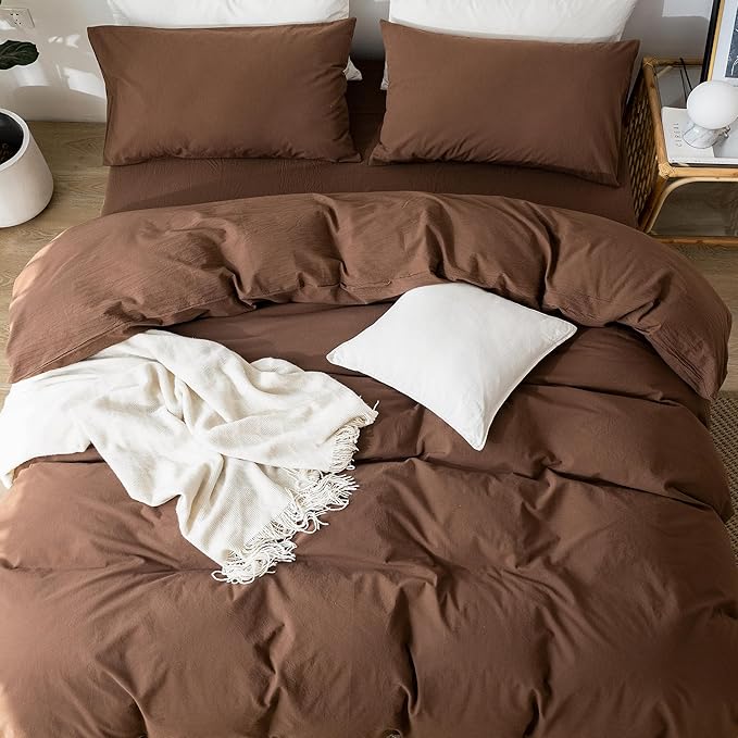 MooMee Bedding Duvet Cover Set 100% Washed Cotton Linen Like Textured Breathable Durable Soft Comfy (Solid Cocoa Brown, Palatial King/Oversized King 120"x98")