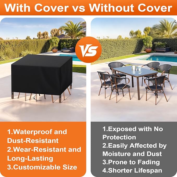 Patio Furniture Cover Rectangle 96"(L) x 52"(W) x 32"(H), Custom Heavy Duty 420D Waterproof Outdoor Cover with Drawstring & Buckles for Table Chair Garden, Black