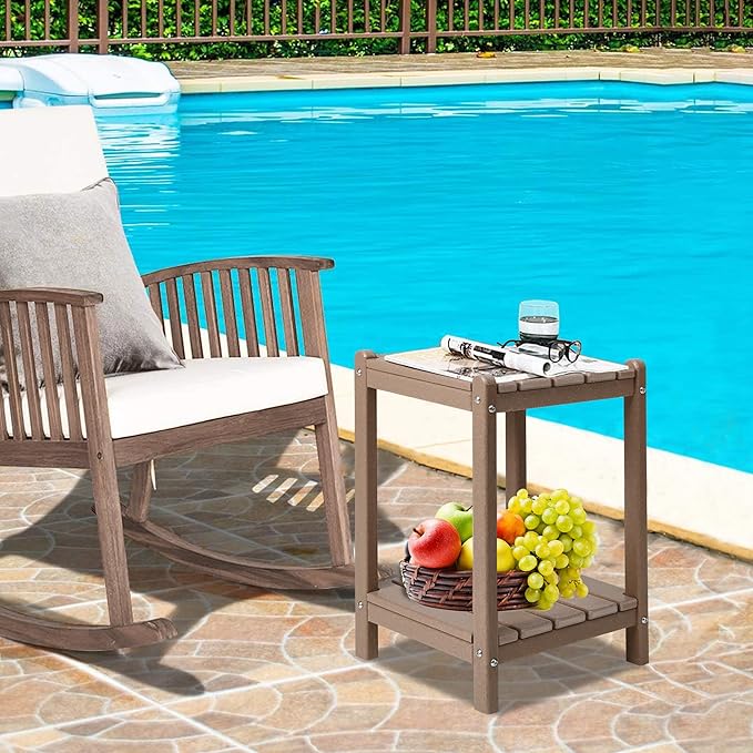 LZRS 24" Double Adirondack Outdoor Side Table, Pool Composite Patio Table,HDPE End Tables for Backyard,Pool, Indoor Companion, Easy Maintenance & Weather Resistant(Weathered Wood)