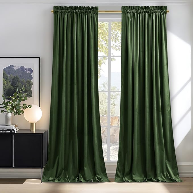NICETOWN Olive Green Velvet Blackout Curtains 98 inch Long