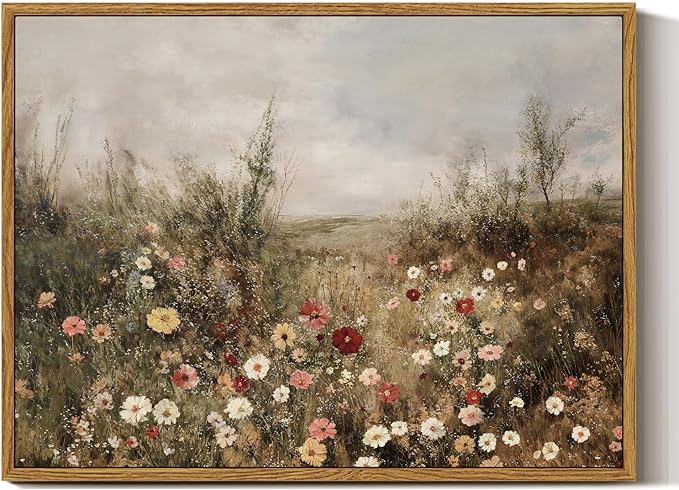 InSimSea Framed Canvas Prints Art Vintage Decor, Classical Wildflower Field Meadow with Flowers Painting, Rustic Landscape Wall Art for Living Room Bedroom Home Bathroom Wall Decor, 12x16inch
