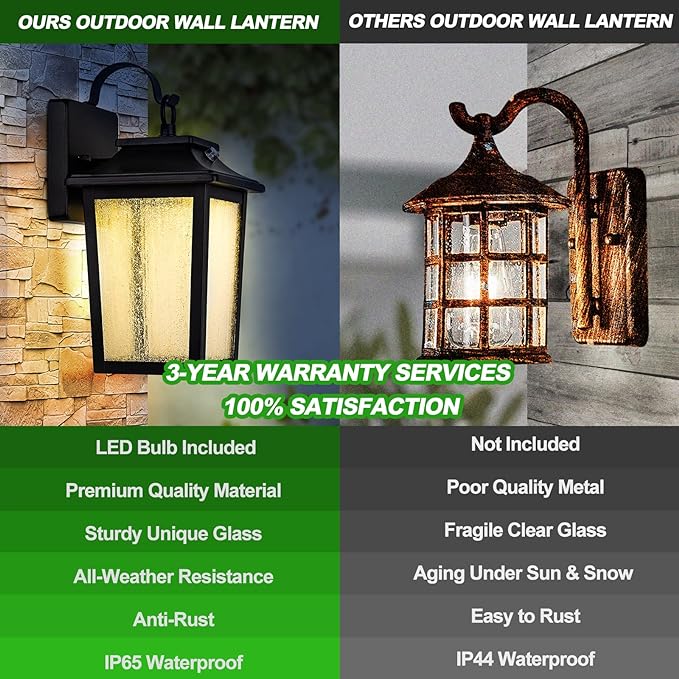LED Dusk to Dawn Outdoor Wall Lantern with Sensor - Exterior Porch Lighting Fixtures, Black Outside Wall Mount Sconce with 13W 3000K for House Garage, Doorway Garden Patio, 100% Waterproof Anti-Rust