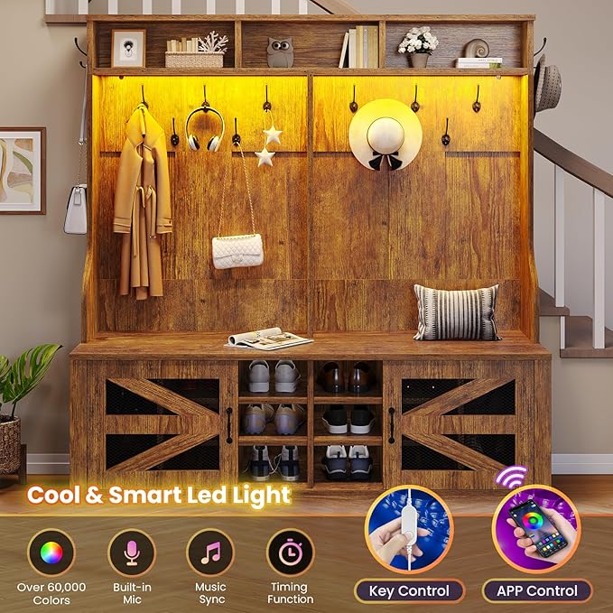 Itaar Hall Tree with Bench and Shoe Storage, 5-in-1 Entryway Bench with Coat Rack, 16 Shoe Cubbies & 12 Coat Hooks, Barn Door & Adjustable Shelf (Rustic Brown)