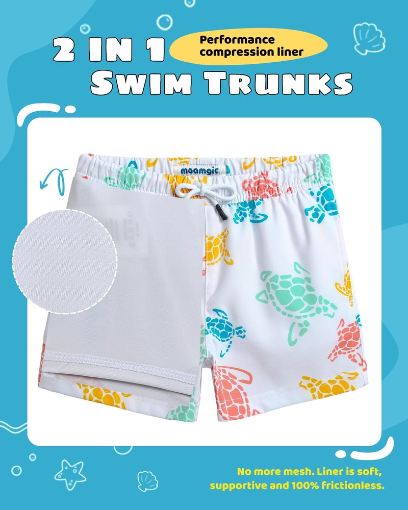 maamgic Boys Swim Trunks with Compression Liner Toddler Stretch Swim Shorts Quick Dry Swimming Trunks Boxer Brief 2 in 1 Beach Shorts White Colorful Turtles 2T