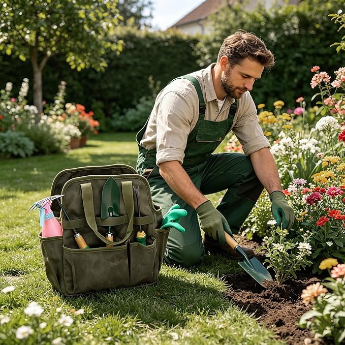 Waxed Canvas Utility Tote Bag, Large Capacity Multi-Pocket Garden Tool Bag, Heavy Duty Waterproof Work Tote for Camping, Gardening, Organizer Storage Bag for Men Women, Army Green