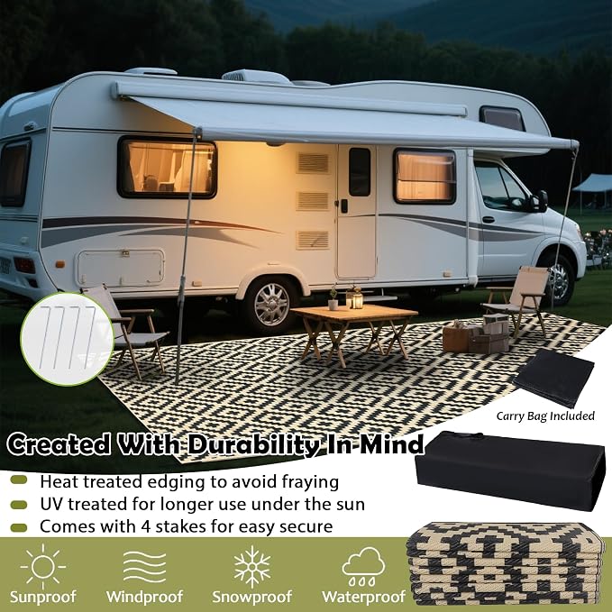SAND MINE Reversible Mats, Plastic Straw Rug, Modern Area Rug, Large Floor Mat and Rug for Outdoors, RV, Patio, Backyard, Deck, Picnic, Beach, Trailer, Camping (8' x 16', Black & Beige Lattice)
