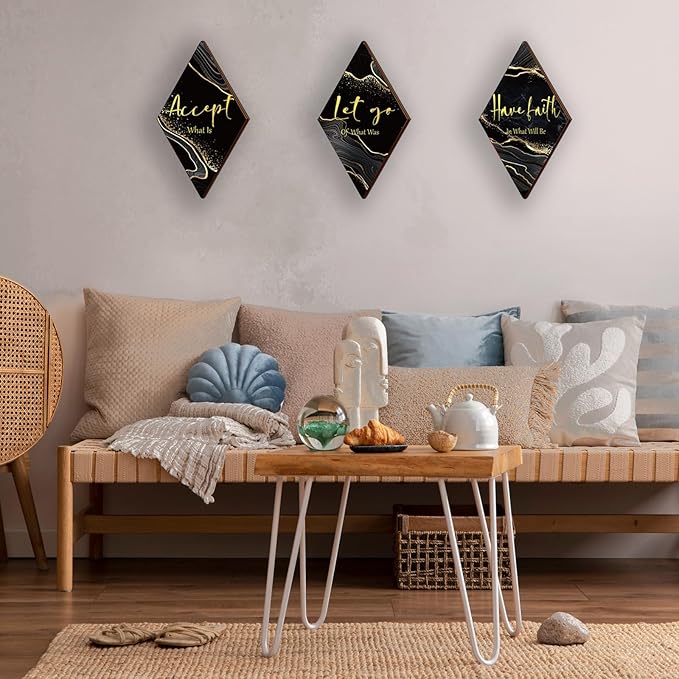 3 Pcs Black And Gold Bathroom Decor Gold Wall Decor with Accept Let Go Have Faith Quote Rustic Vintage Farmhouse Wooden Hanging Signs for Women Home Laundry Living Room Bedroom(Black Gold, 12 x 7Inch)