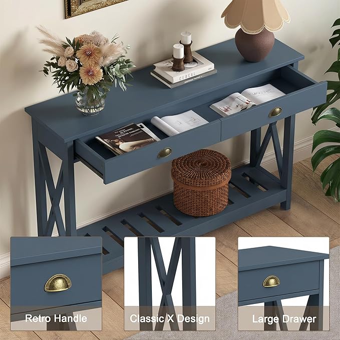 ChooChoo Console Table with Drawer for Entryway, Narrow Long Entry Table with Shelf for Living Room, Rustic Vintage Hallway Sofa Table with Stable X Supports, 40 Blue