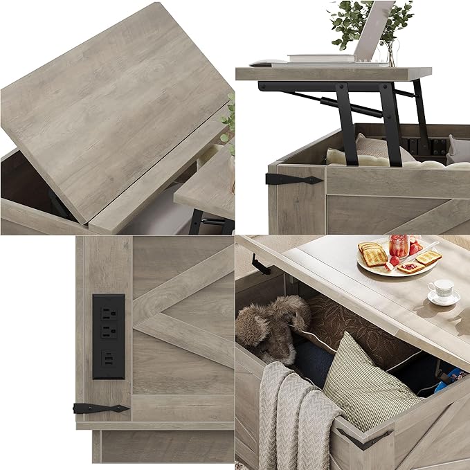 Farmhouse Lift Top Coffee Table, Square Wood Center Table with LED Lighting, USB-C Charging Station, and Hidden Storage Compartment - Rustic Grey Living Room Furniture